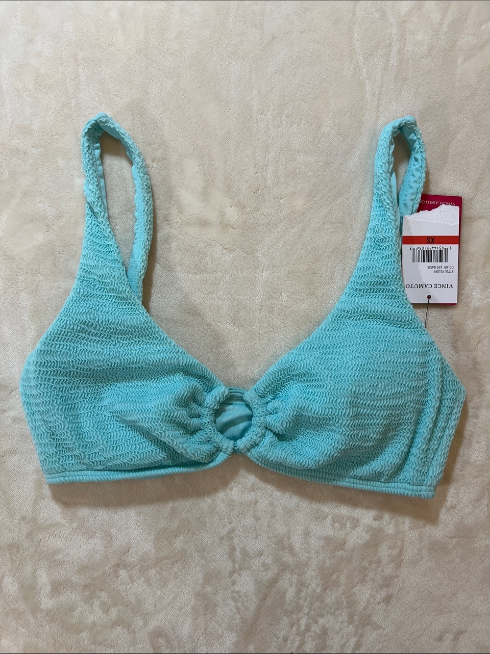 Vince Camuto Textured O-Ring-Front Bikini Top in Aqua Blue. Size XS. NWT